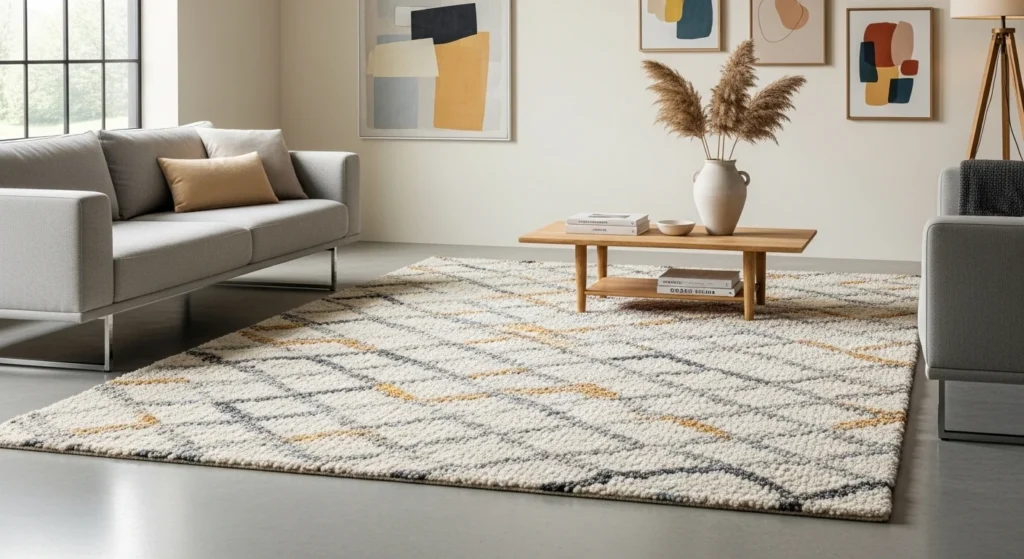 tle: Textured Wool Rug
Alt Text: Neutral textured wool rug adding warmth and depth to living room
