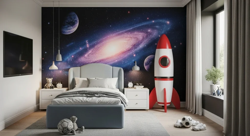 Boys bedroom with galaxy mural, rocket-shaped bed, and LED ambient lighting