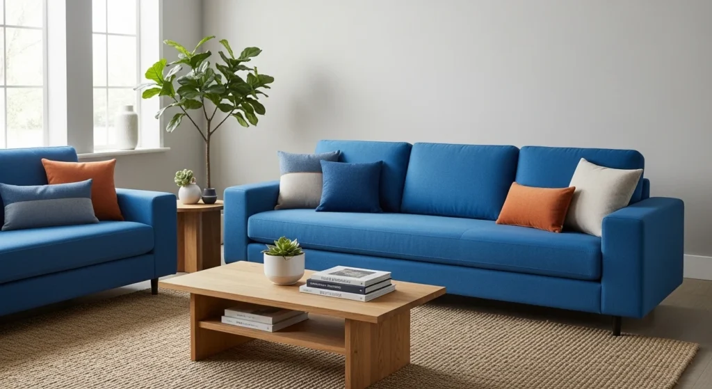 Living room featuring vibrant bold-colored sofa against neutral walls