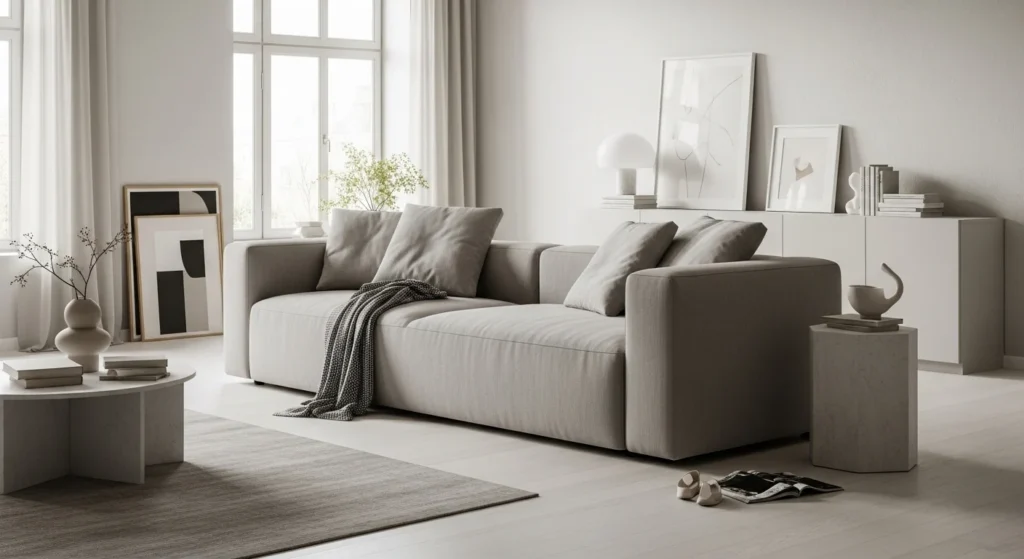 inen upholstered minimal sofa in light neutral tone