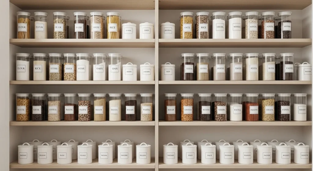 Kitchen pantry with neatly labeled storage containers