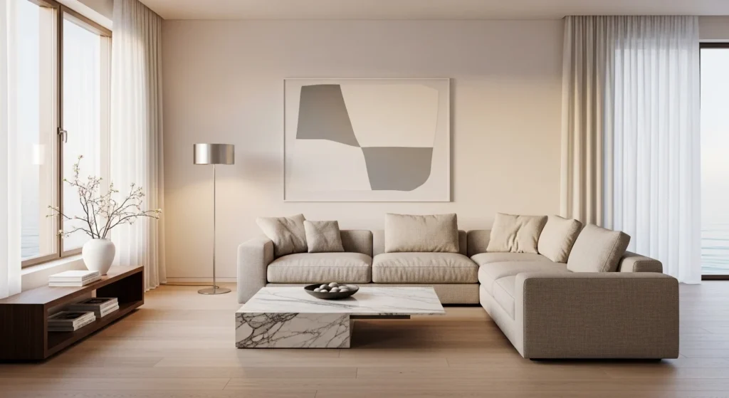 Minimalist luxury living room with clean lines and high-end decor