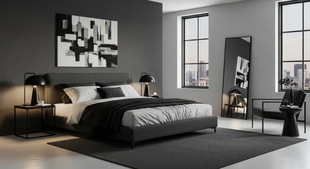 Modern gray bedroom styled with bold black accent details