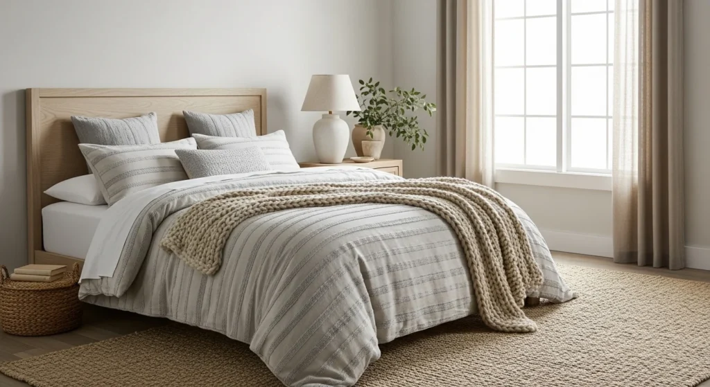 Neutral cozy bedroom styled with textured bedding, soft rugs, and natural materials