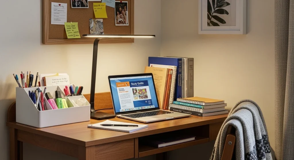 Small dorm room with compact study desk, organized supplies, and task lighting