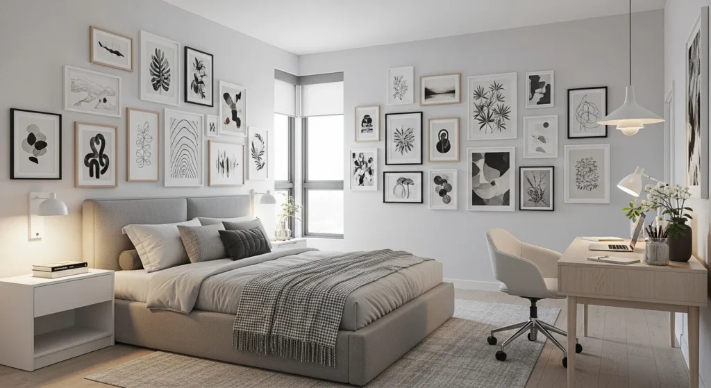 Teen bedroom featuring large gallery wall with mixed art prints