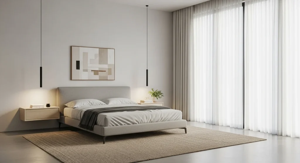 Minimal bedroom with floating nightstands and modern design