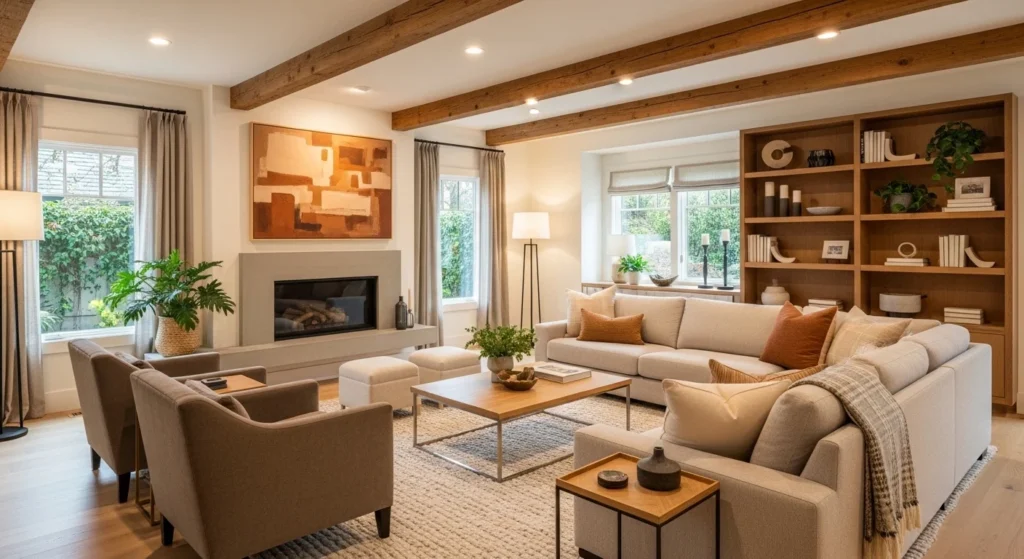 Living room with wooden beams, coffee table, and warm neutral interior