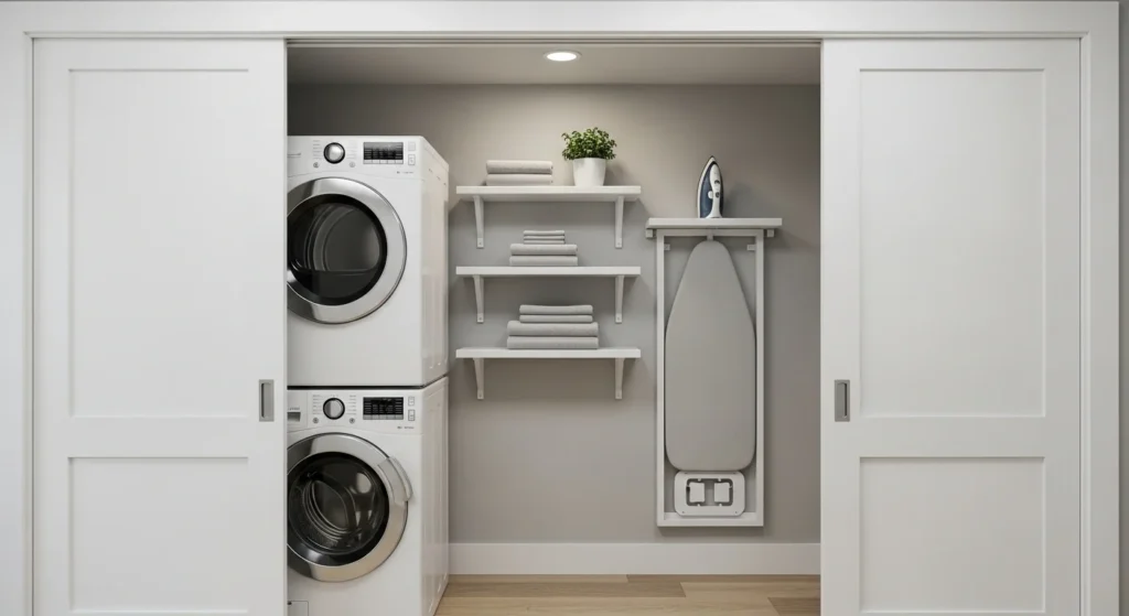 Space-saving stacked washer dryer inside a compact closet laundry area