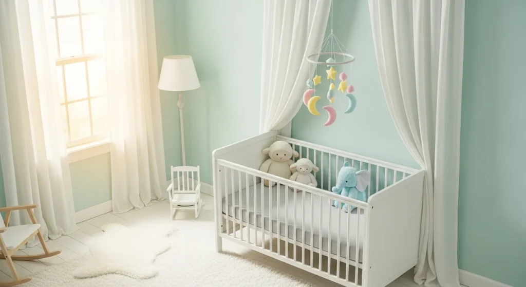 Soft pastel nursery with mint walls, white crib and cozy plush toys