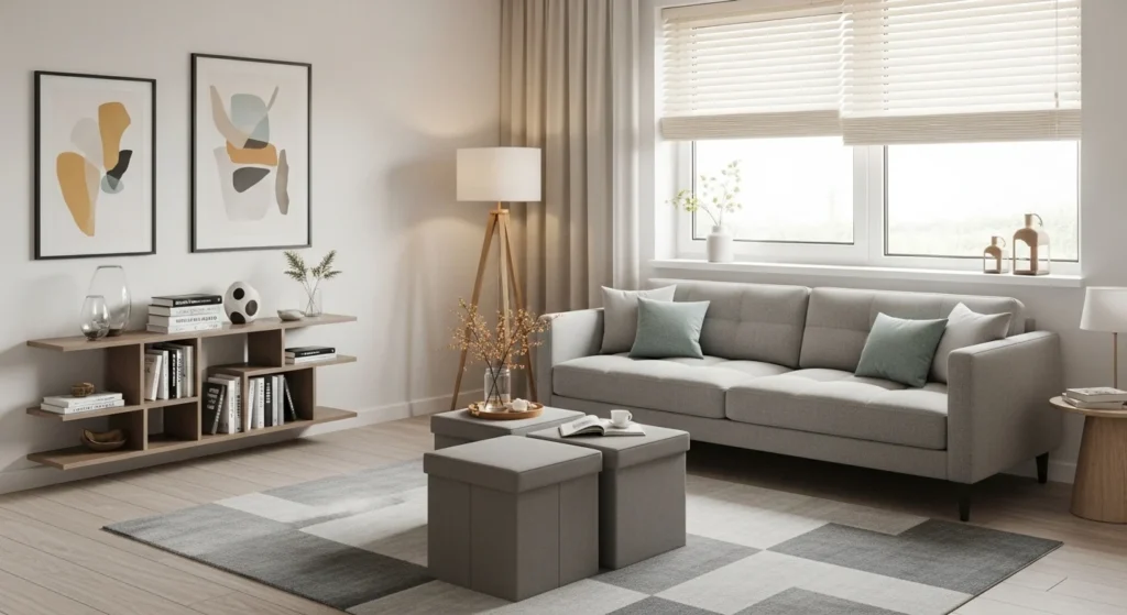 Small parlor with sofa bed, storage ottomans, and neutral furniture layout