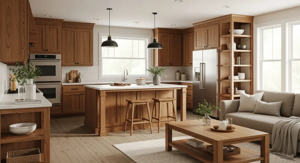 Open kitchen living room using matching wood finishes across kitchen and living furniture for harmony