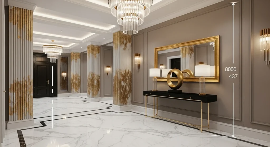 Luxury entryway with marble flooring and gold accent decor