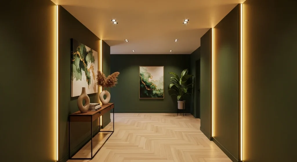 Hallway with deep green painted walls and modern stylish decor