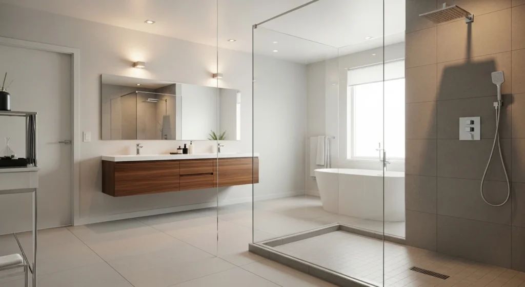 tle: Curbless Walk-In Shower Design
Alt Text: Seamless curbless walk-in shower with glass panels and non-slip flooring