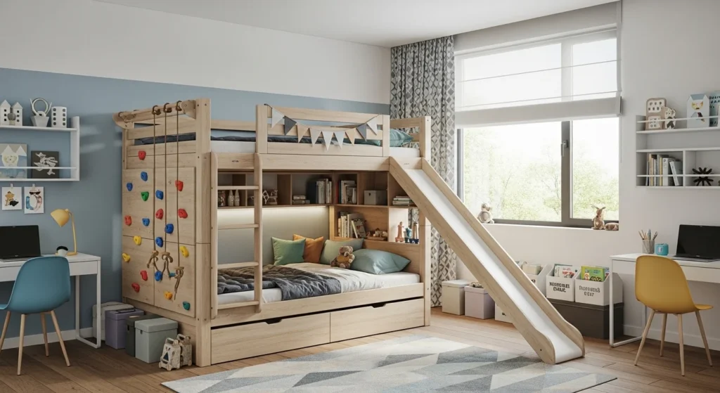 shared kids bedroom with stylish bunk bed and smart storage