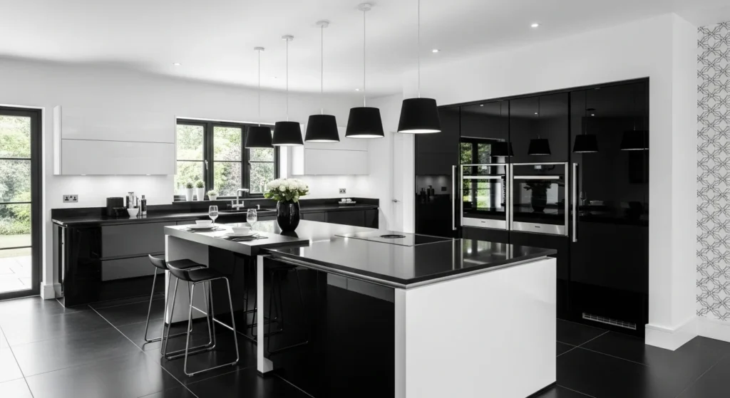 Modern monochrome open kitchen with bold black cabinets and white countertops
