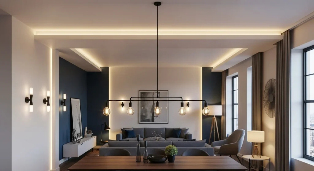 Stylish apartment lighting setup with pendant lights and layered illumination