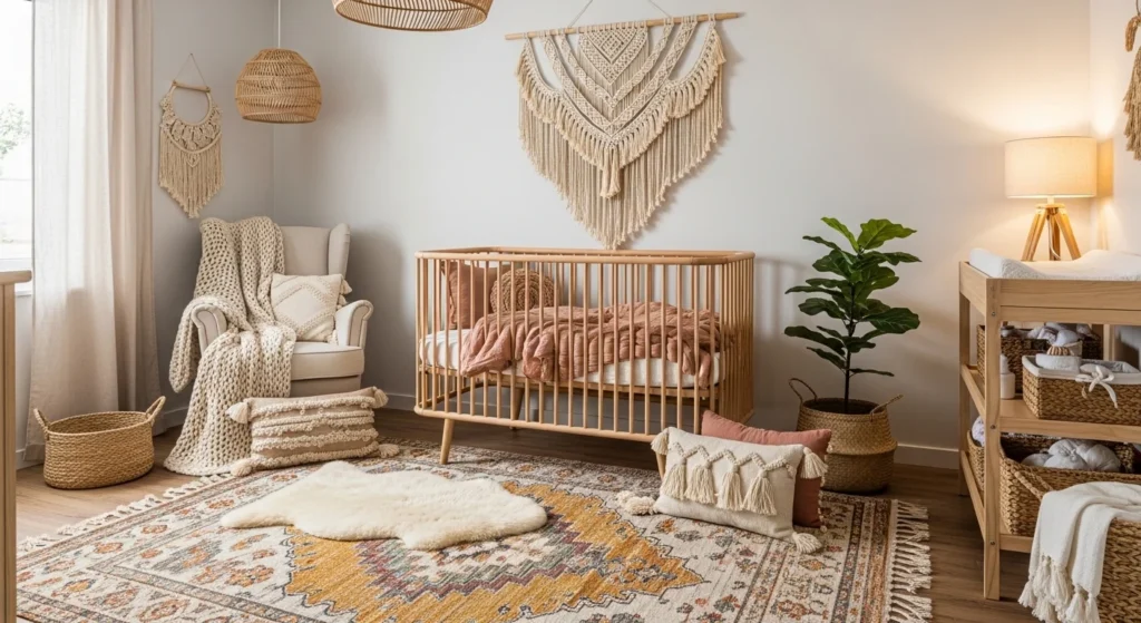 : Boho nursery with rattan crib, macrame wall decor, layered rugs, cozy warm 2026 baby room