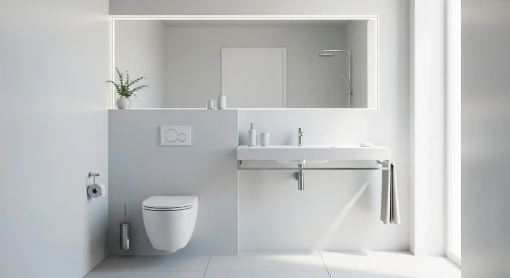 Small bathroom with sleek wall-mounted toilet, minimalist design, modern 2026 interior