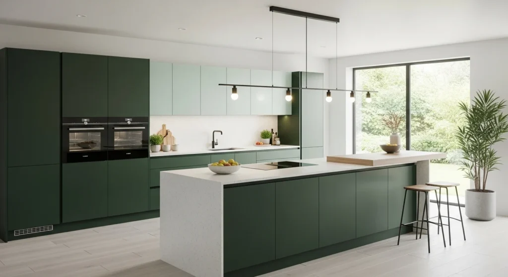 Kitchen featuring dark and light green cabinets for a layered modern 2026 look