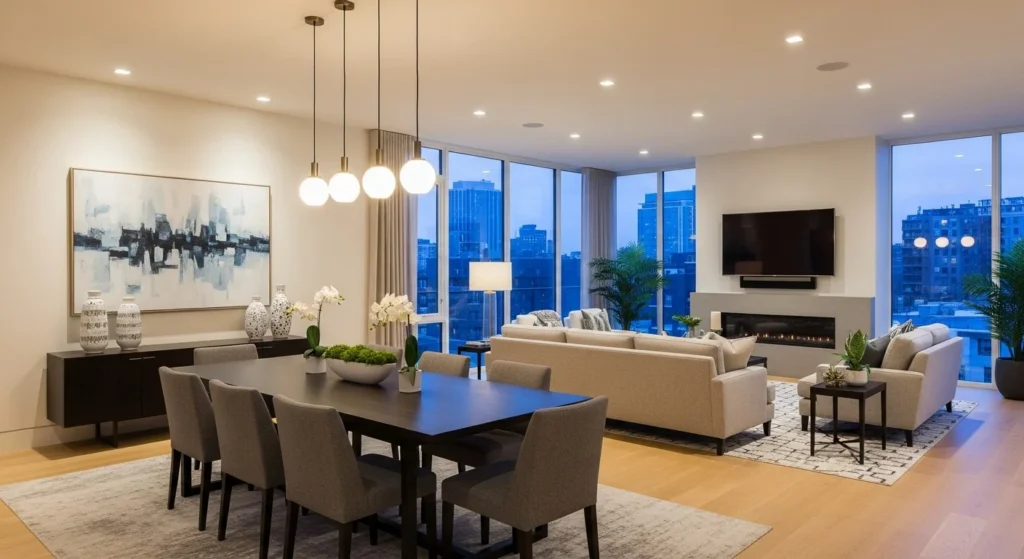 Open-plan dining room connected to living space with cohesive colors and modern furniture