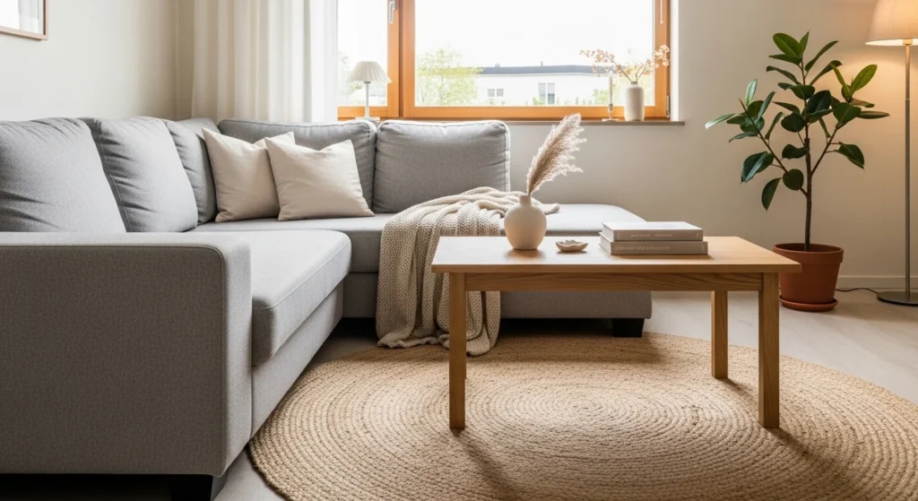 Scandinavian living room featuring grey sofa and wooden accents, cozy 2026 design