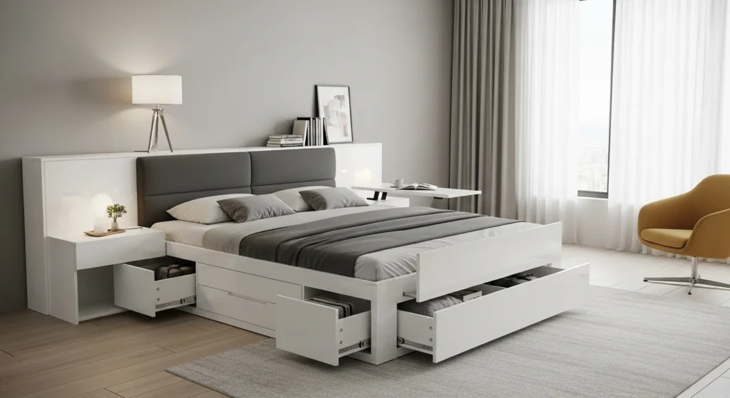 Bedroom featuring multifunctional storage bed with hidden drawers for modern living