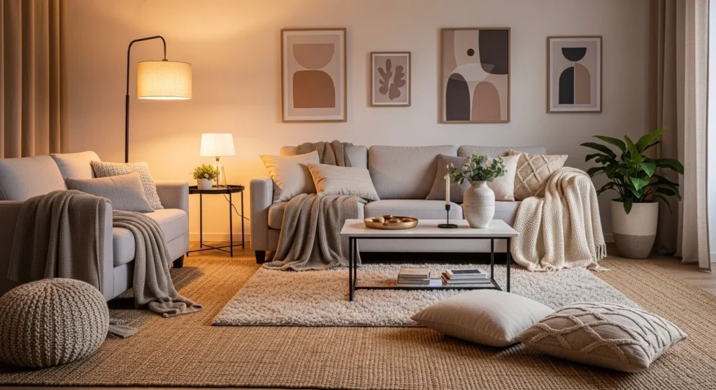 Modern cozy living room with layered rugs, throws, and cushions for warmth and comfort, 2026 interior trend