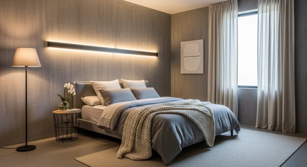 Grey bedroom featuring textured walls, soft lighting, and minimal décor, modern 2026 style