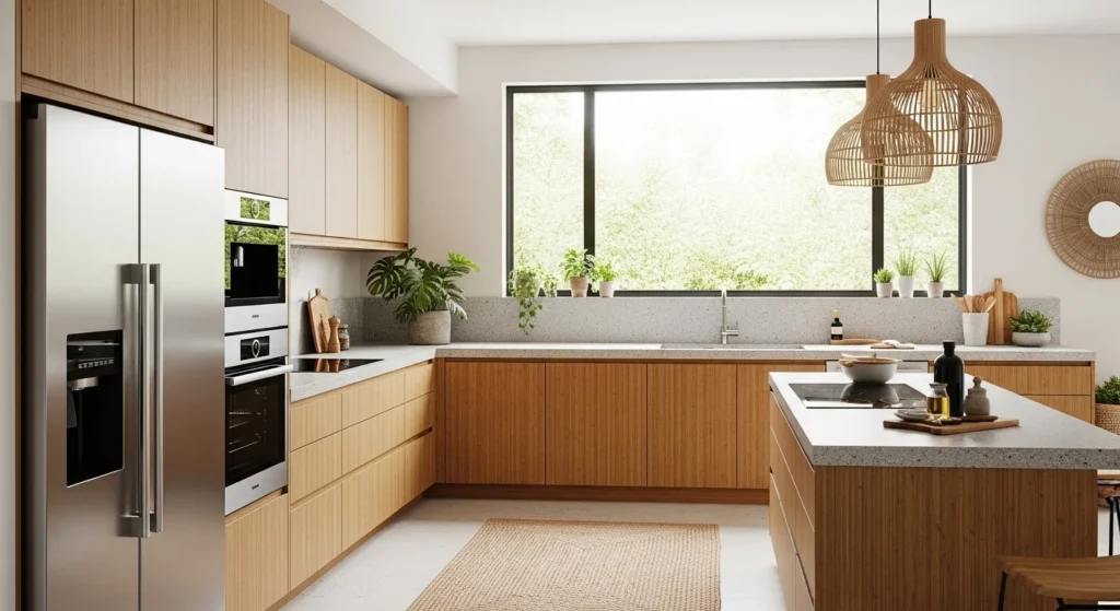Sustainable kitchen with bamboo cabinets, recycled countertops, and energy-efficient appliances in a bright, modern 2026 interior