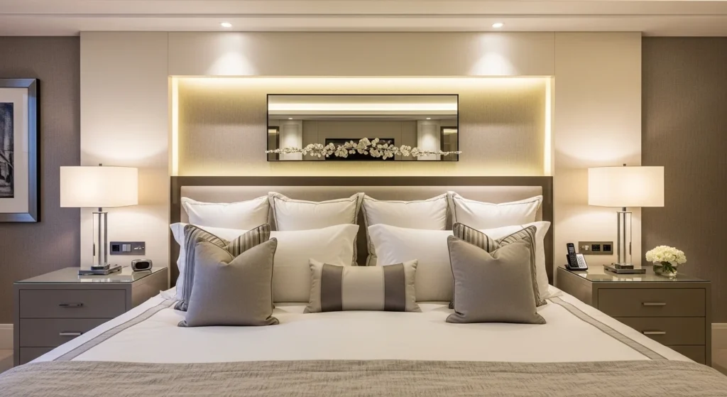 High-end master bedroom styled like a boutique hotel with symmetrical layout and plush bedding