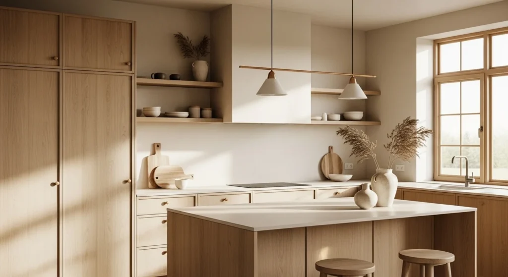 Contemporary kitchen design combining wood cabinetry with neutral modern finishes