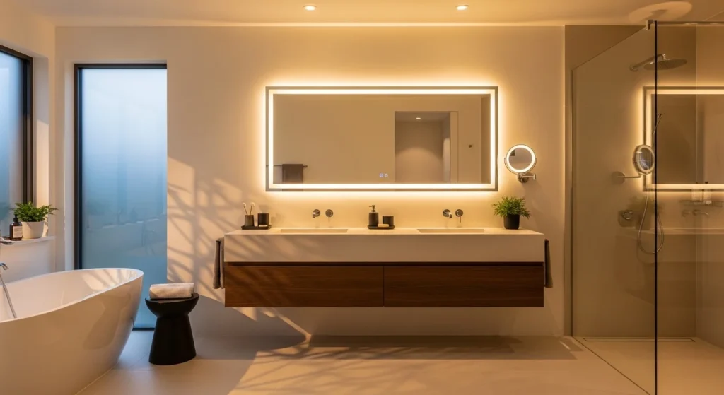 modern bathroom enhanced with warm ambient lighting creating relaxing mood