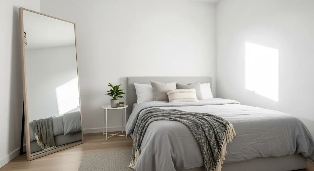 compact bedroom with large mirror reflecting light to create spacious visual effect