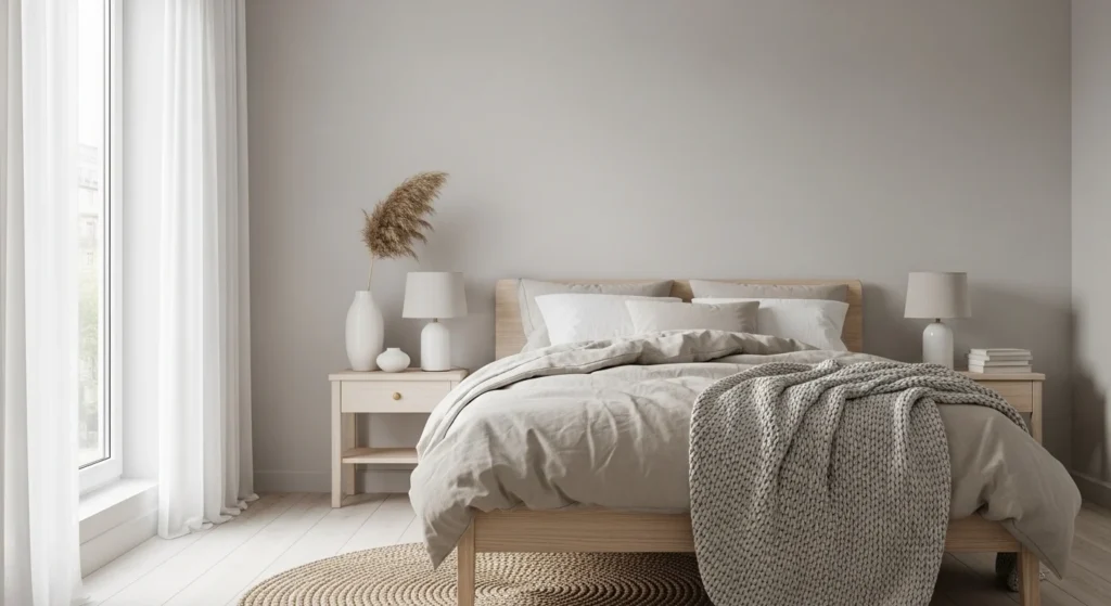 Scandinavian neutral bedroom with light tones, minimal furniture, and cozy natural materials.
