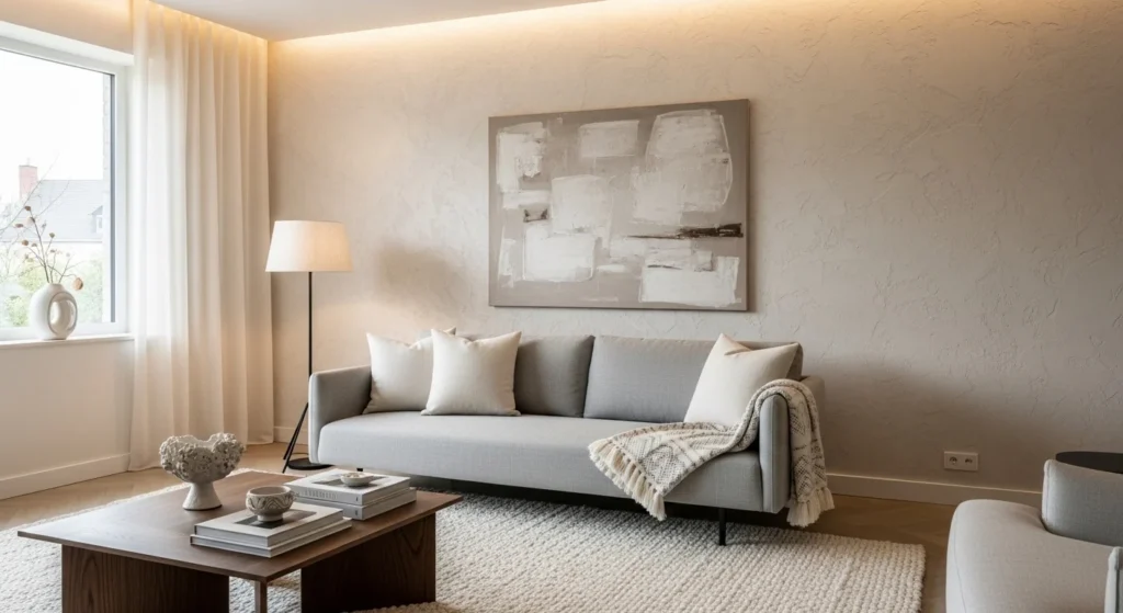 Modern white living room featuring textured walls adding depth and visual interest