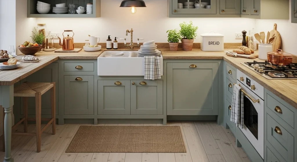 Cozy farmhouse kitchen with apron sink, wooden counters, and warm rustic decor