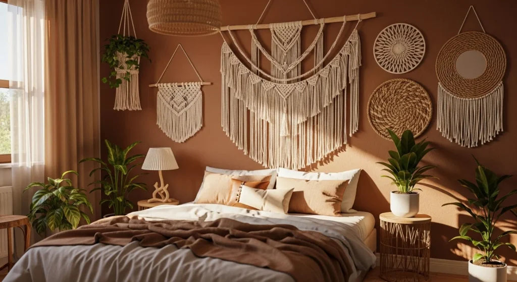 boho style girls bedroom with macrame decor, plants and cozy layered textures