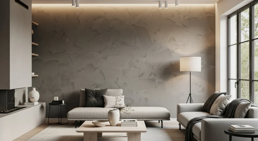 Modern gray living room featuring textured wall design and elegant décor.