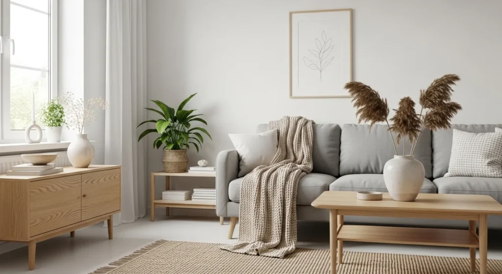 Scandinavian apartment living room with light wood furniture and airy minimalist decor