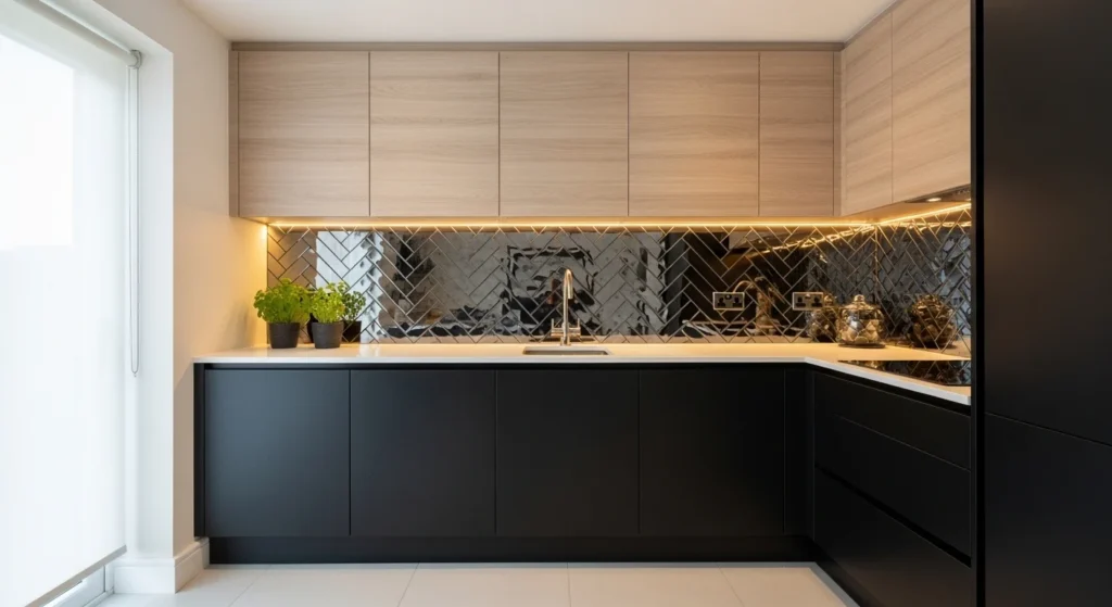 Compact kitchen featuring glossy backsplash surfaces that enhance brightness and depth
