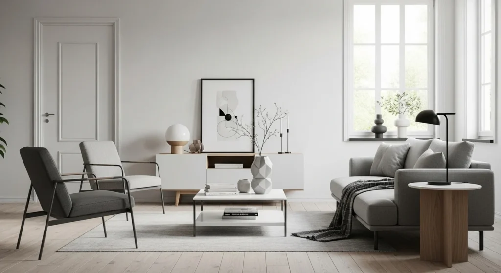 Minimalist small living room with clean furniture lines and uncluttered modern layout