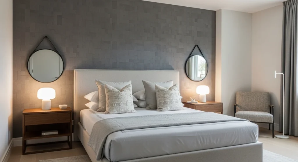 Stylish guest bedroom featuring textured accent wall behind bed
