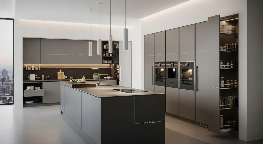Sleek kitchen remodel featuring concealed storage cabinets and clutter-free modern layout.