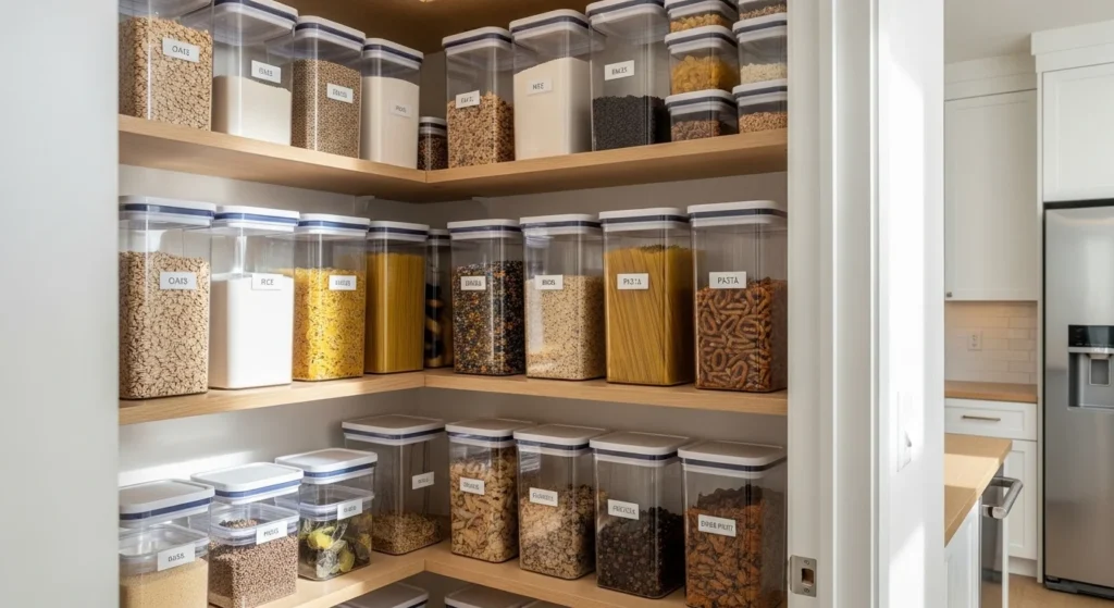 Small pantry shelves filled with transparent airtight containers for neat storage