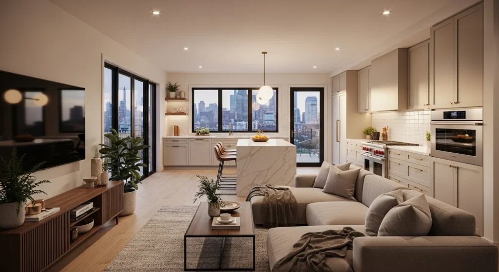 Open concept living room featuring a comfortable lounge corner connected to a modern kitchen