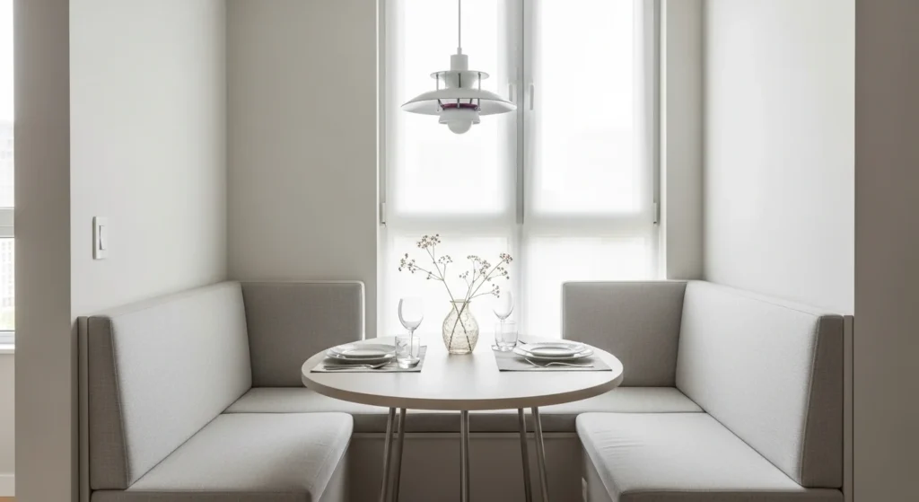 Compact dining area with round table and smart space-saving layout