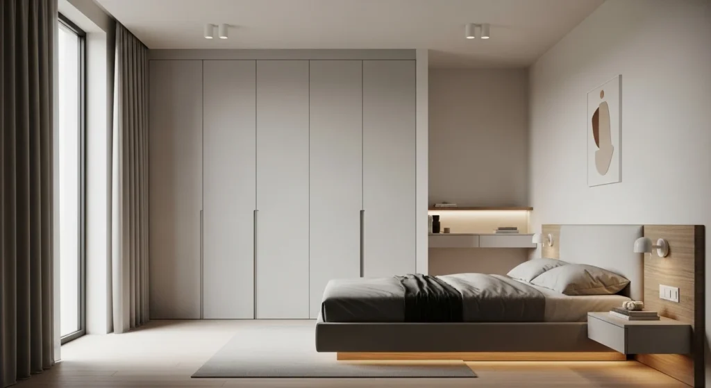 Clean minimalist bedroom featuring built-in storage and clutter-free modern design