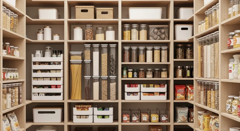 Tall pantry shelves using vertical storage containers and stackable organizers.